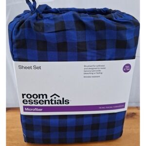 Room Essentials Microfiber Plaid Sheet Set Twin XL Blue Black Wrinkle Resistant